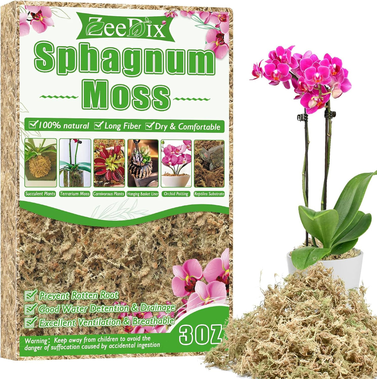 ZeeDix 4 qt Sphagnum Moss for Indoor Plants, Natural Dried Long Fiber Moss for Orchid Repotting, Carnivorous Plants, Succulents, Monstera, Flower & Reptile Terrariums Habitats (3 oz)