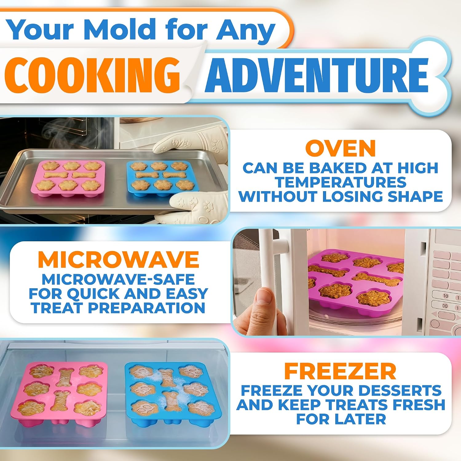 3 Pcs Dog Treat Molds Silicone, Bone & Paw Shapes, Non-Stick