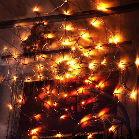 FUNPENY Halloween 80 LED Orange Spider Web Lights with Spider, Battery Powered 8 Modes Light up Cobweb Halloween Decorations for Indoor Ourdoor Garden Yard Home Patio (Orange)