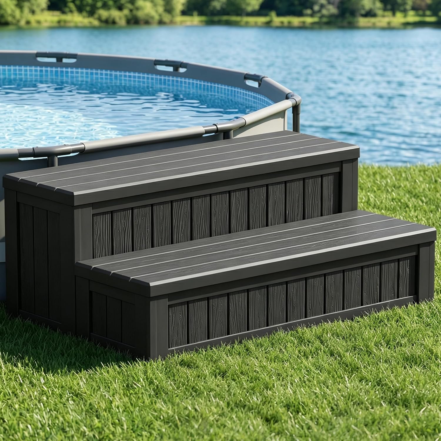 Plastic Hot Tub Steps with Storage, Spa Steps Outdoor Stairs, 36.6 Inches Long - Non-Slip All Weather Top & Feet, 32 Gallon Capacity, Waterproof for Porch/RV/Deck, Sturdy Plastic Frame, Black