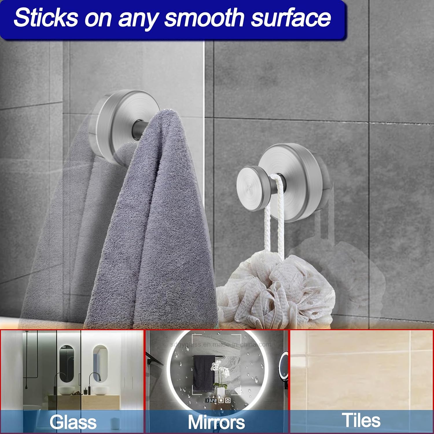 Bntuk Suction Cup Hooks for Shower, Removable Towel Hooks for Bathroom Window Glass Door Wall, Bath Robe Looafh Hook for Hanging - 2 Pack, Silver