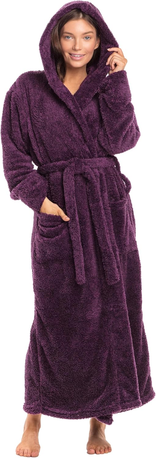Alexander Del Rossa Womens Fluffy, Fuzzy Robe for Women,Women's Long Hooded Robes, Plus Size