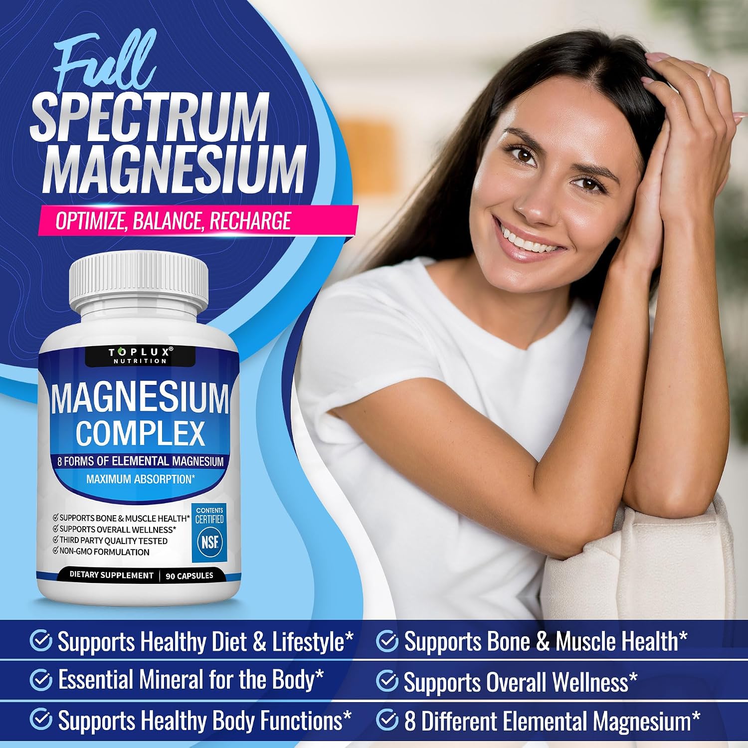 Toplux Magnesium Complex Supplement 8 Elemental - Magnesium Glycinate, Citrate, Malate, Taurate, Chelated for Easy Absorption for Bones, Muscle, Recovery, Energy, Vegan Non-GMO 90 Capsules