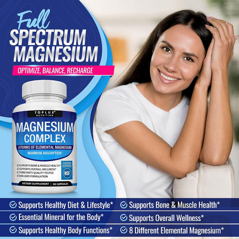 Toplux Magnesium Complex Supplement 8 Elemental - Magnesium Glycinate, Citrate, Malate, Taurate, Chelated for Easy Absorption for Bones, Muscle, Recovery, Energy, Vegan Non-GMO 90 Capsules