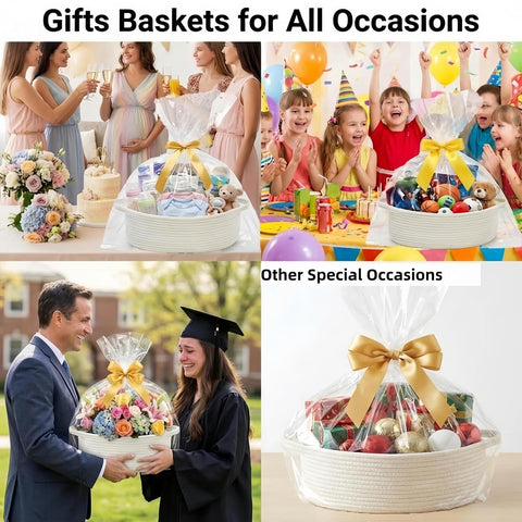 Optish White Medium Woven Rope Basket, Gift Empty Basket with Bag & Ribbon
