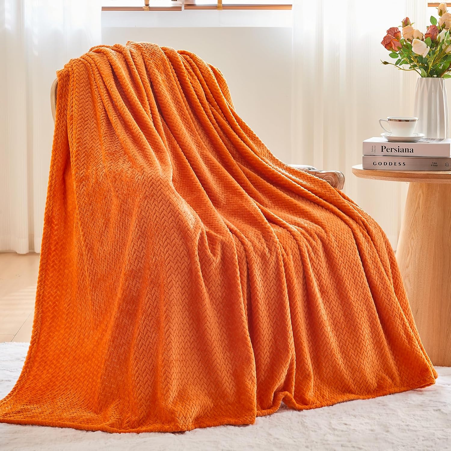 NEWCOSPLAY Fleece Leaves Pattern Throw Blanket, Orange, 50"x60"