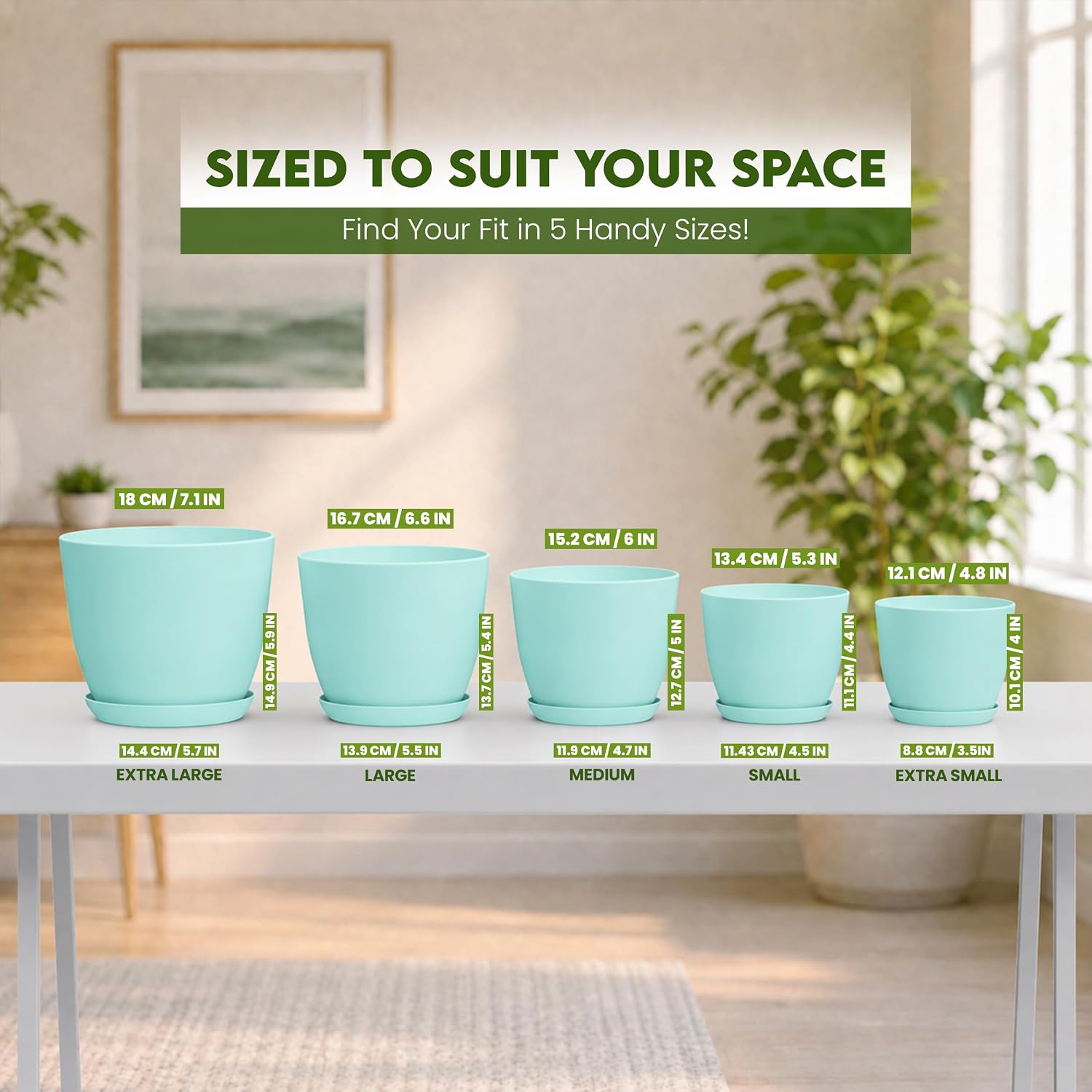 Plant Pots Indoor with Drainage, 5 Pack Multi-Size Planters Set, Aqua