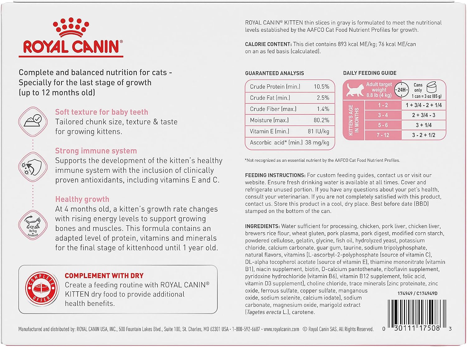 Royal Canin Feline Health Nutrition Kitten Thin Slices in Gravy Cat Food, 3 oz (Pack of 12)