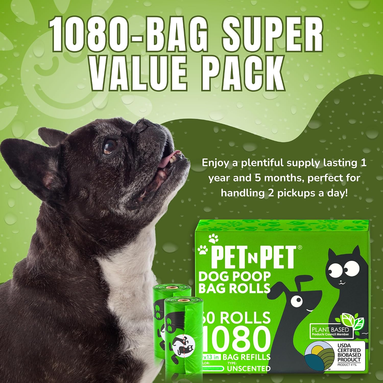 Pet N Pet Poop Bags for Dogs, 1080 Count, Plant Based, Unscented, Green