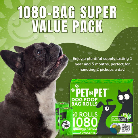 Pet N Pet Poop Bags for Dogs, 1080 Count, Plant Based, Unscented, Green