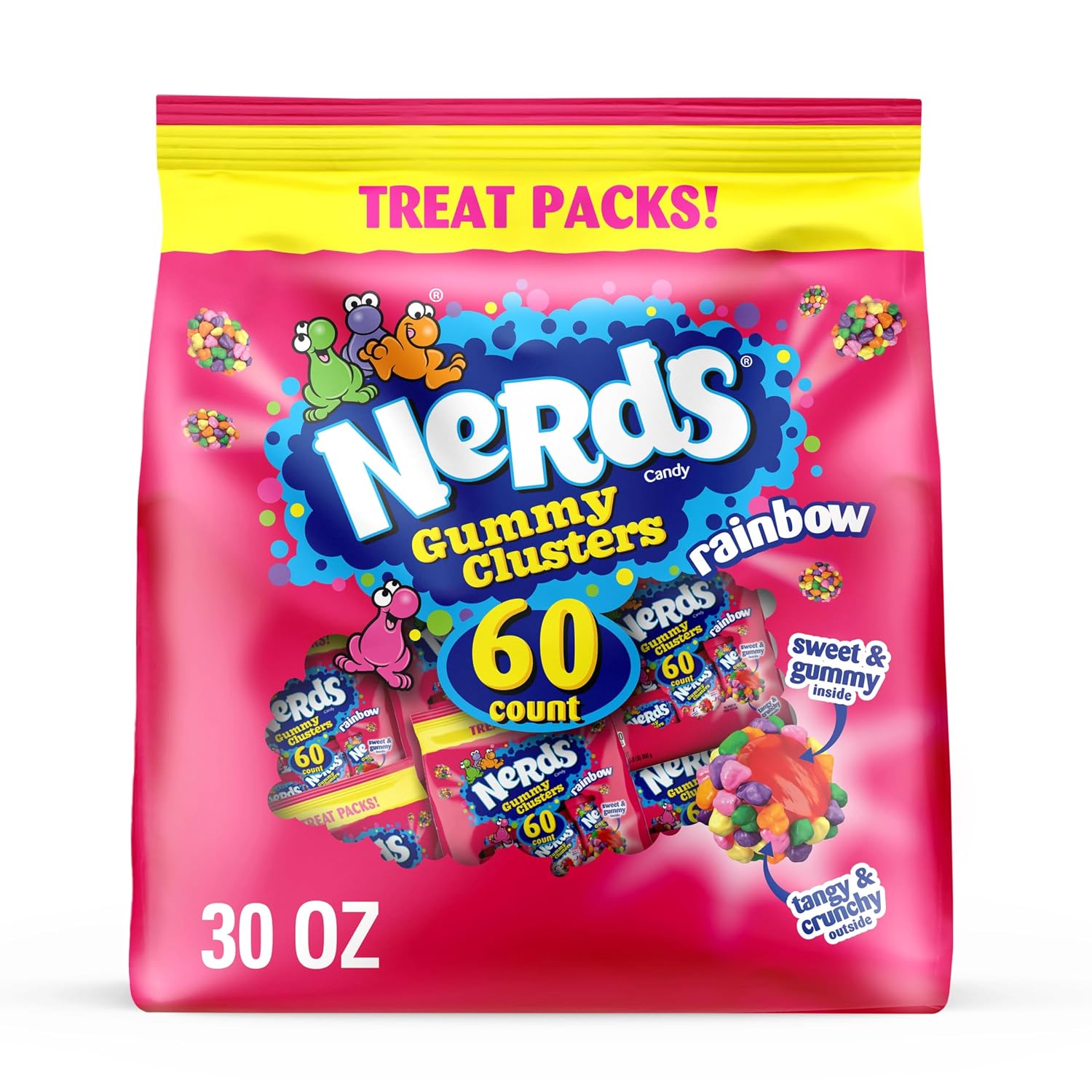 NERDS Gummy Clusters Rainbow Candy, Treat Size Packs, 30 oz, 60 Ct