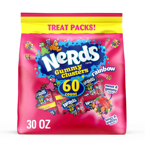 NERDS Gummy Clusters Rainbow Candy, Treat Size Packs, 30 oz, 60 Ct