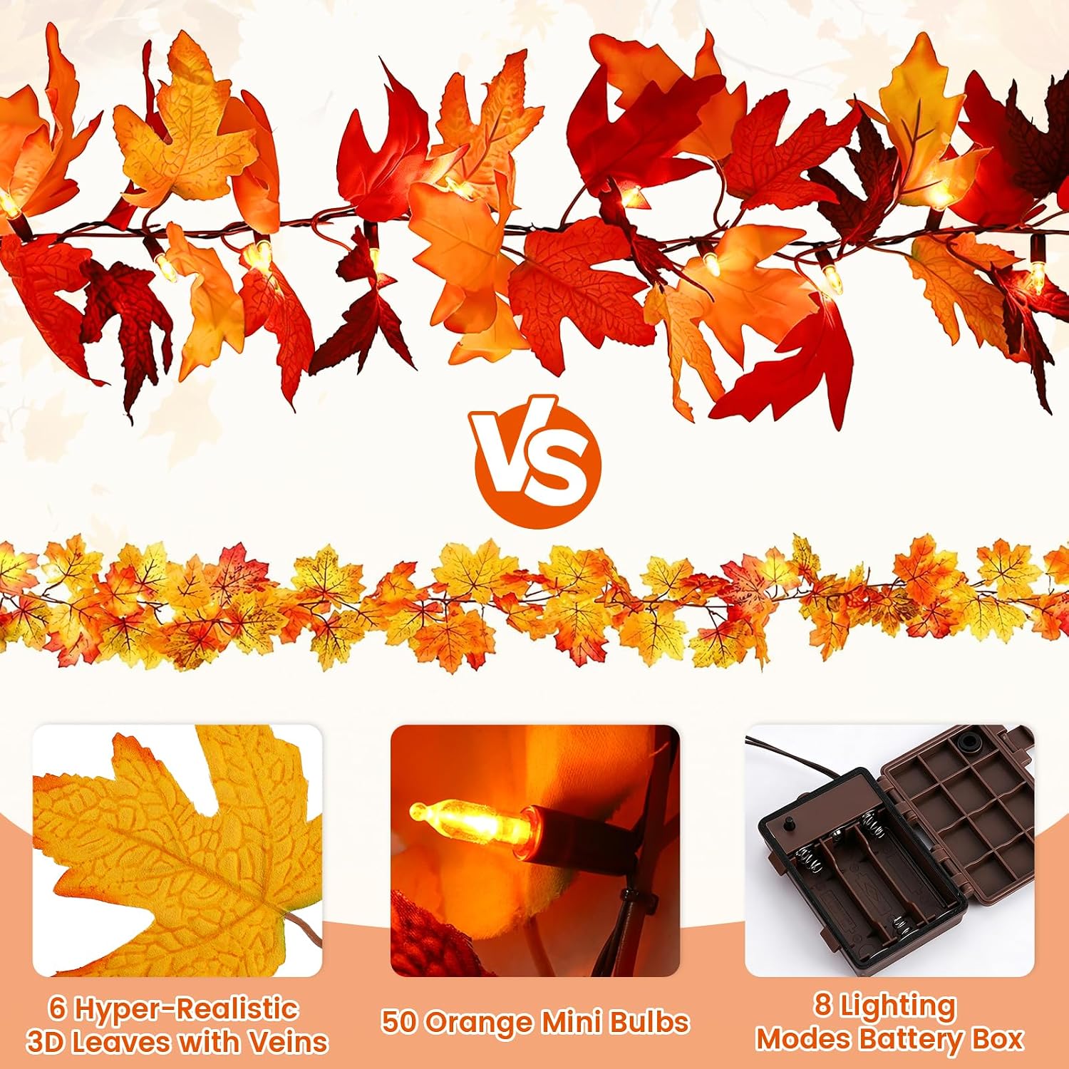 Timer-12Ft 50 LED Fall Garland with Lights,8 Modes Battery Operated Waterproof Fall Decorations Maple Leaf Lights for Mantle Fireplace Table Indoor Thanksgiving Decor