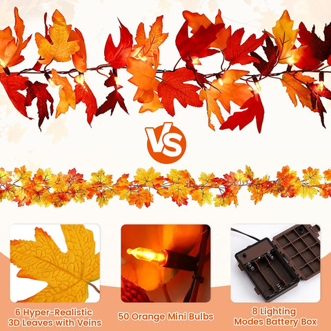 Timer-12Ft 50 LED Fall Garland with Lights,8 Modes Battery Operated Waterproof Fall Decorations Maple Leaf Lights for Mantle Fireplace Table Indoor Thanksgiving Decor