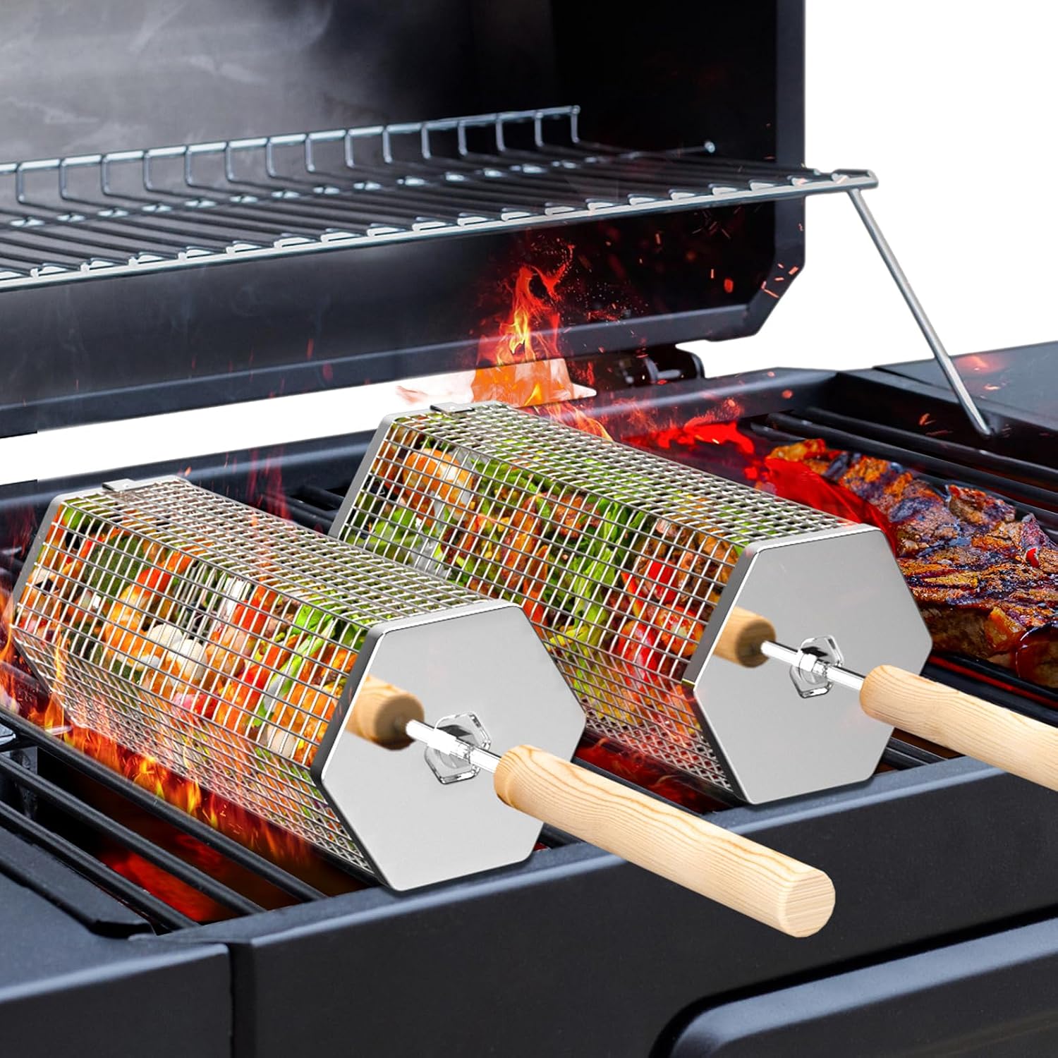 Rolling Grill Basket, Grilling Accessories, Outdoor Camping, Gifts for Men