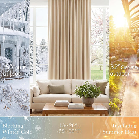PONY DANCE 102 inch Long Curtains 2 Panels Set for Living Room Bedroom, Rod Pocket/Back Tab Thermal Insulated 75% Light Blocking Floor to Ceiling Drapes, W 52 x L 102 inch, Beige
