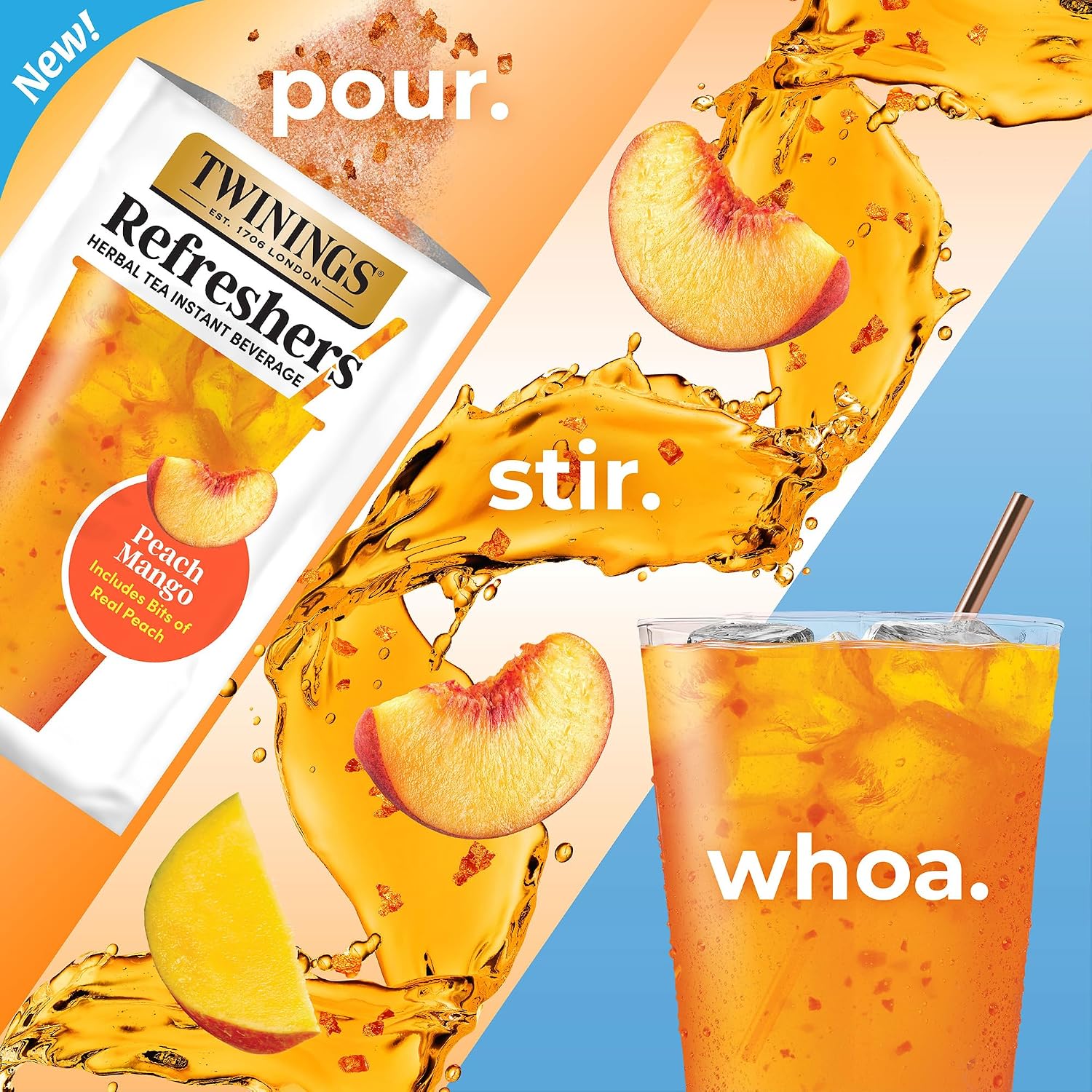 Twinings Peach Mango Refreshers, Herbal Tea Instant Beverage with Real Peach Fruit Bits, 5 Count (Pack of 6), Café Style, No Artificial Sweeteners, Naturally Caffeine-Free Refreshment, 30 Packets