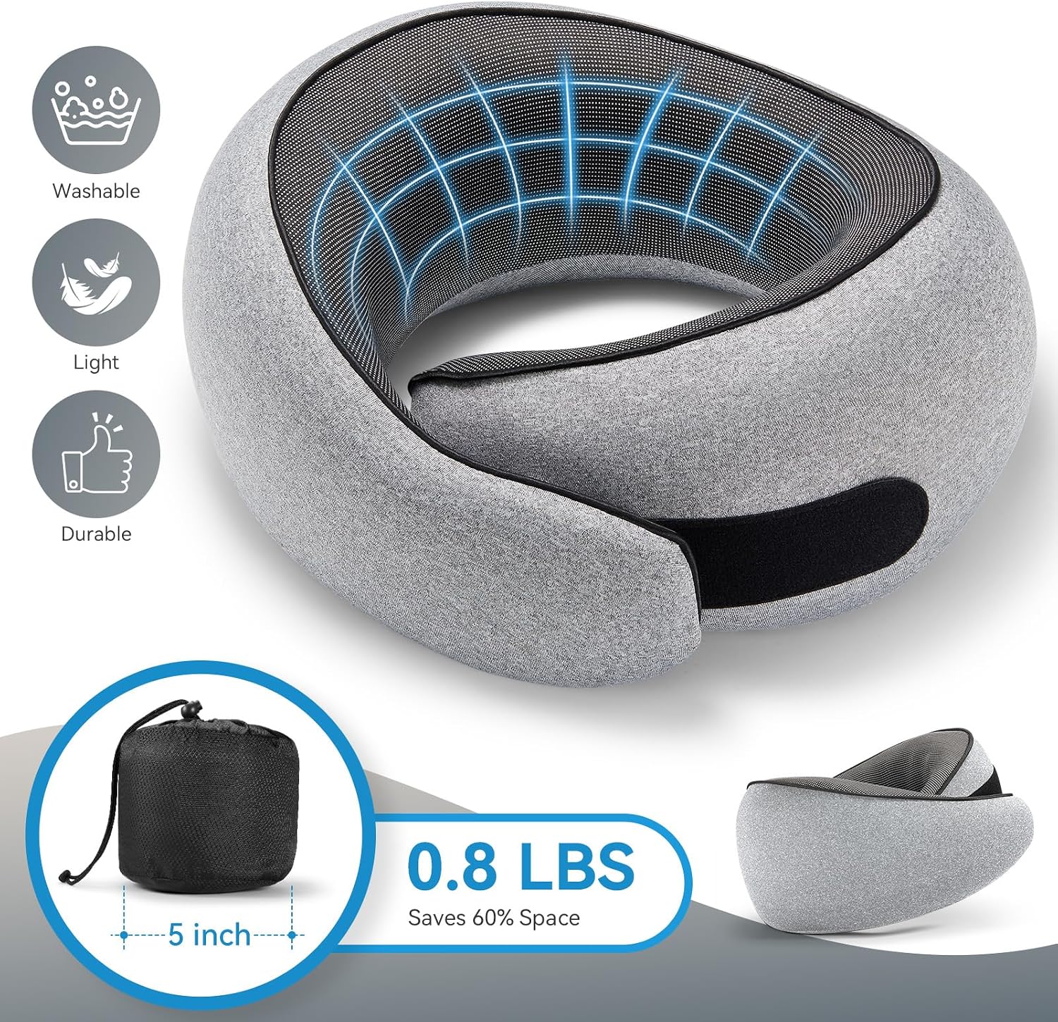 SZXYX Travel Pillows - 100% Pure Memory Foam Neck Pillow for Airplanes, Comfortable Breathable Cover, 360° Support Stowable Pillows for Sleeping, Car, Airport Travel Essentials, Dark Gray