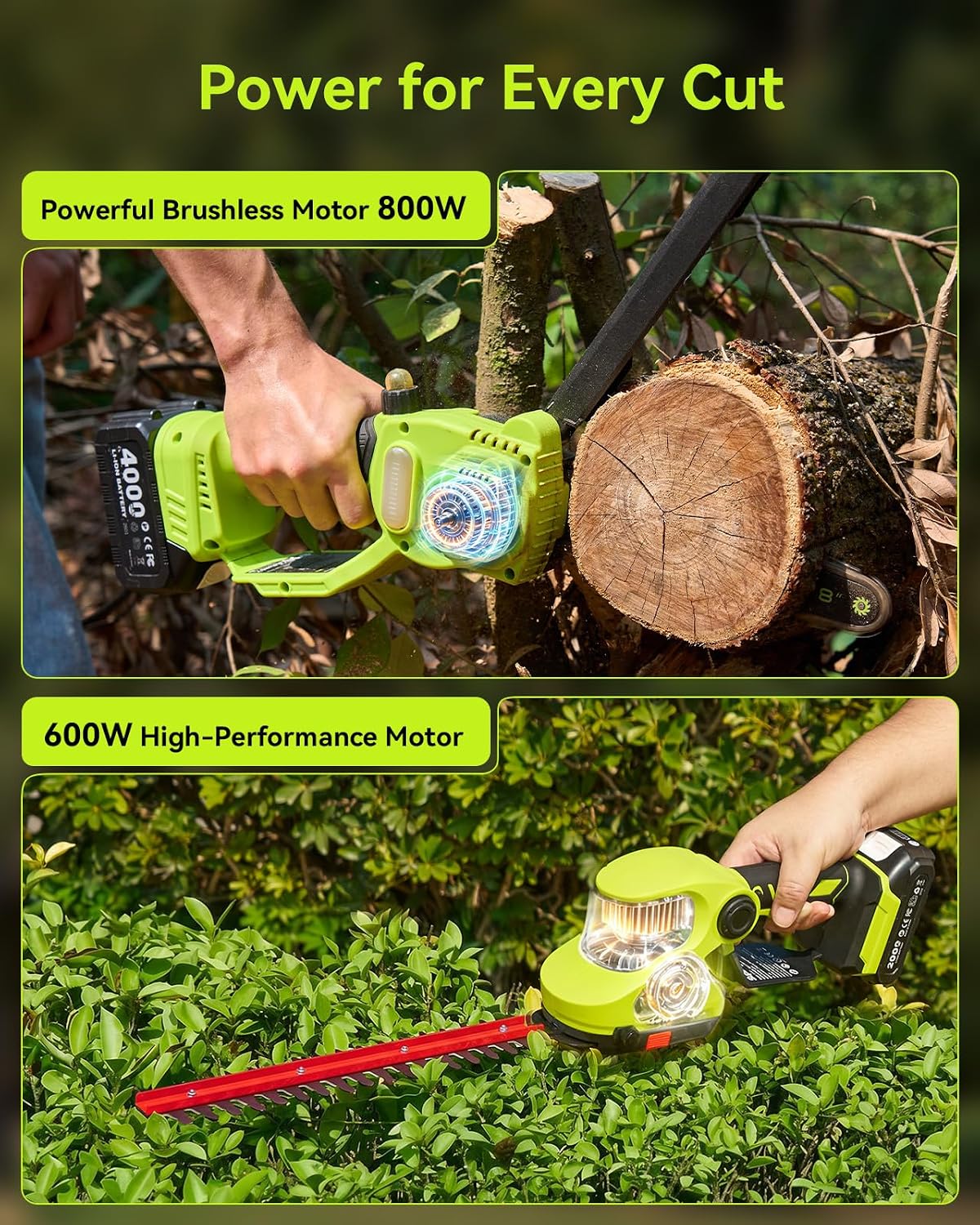 Supstable 3-in-1 Cordless Mini Chainsaw & Hedge Trimmer Combo, 8 Inch Mini Chainsaw with Grass Shear, 800W Brushless Motor, 2×4000mAh Batteries, Garden Tool Set for Tree Trimming & Lawn Care