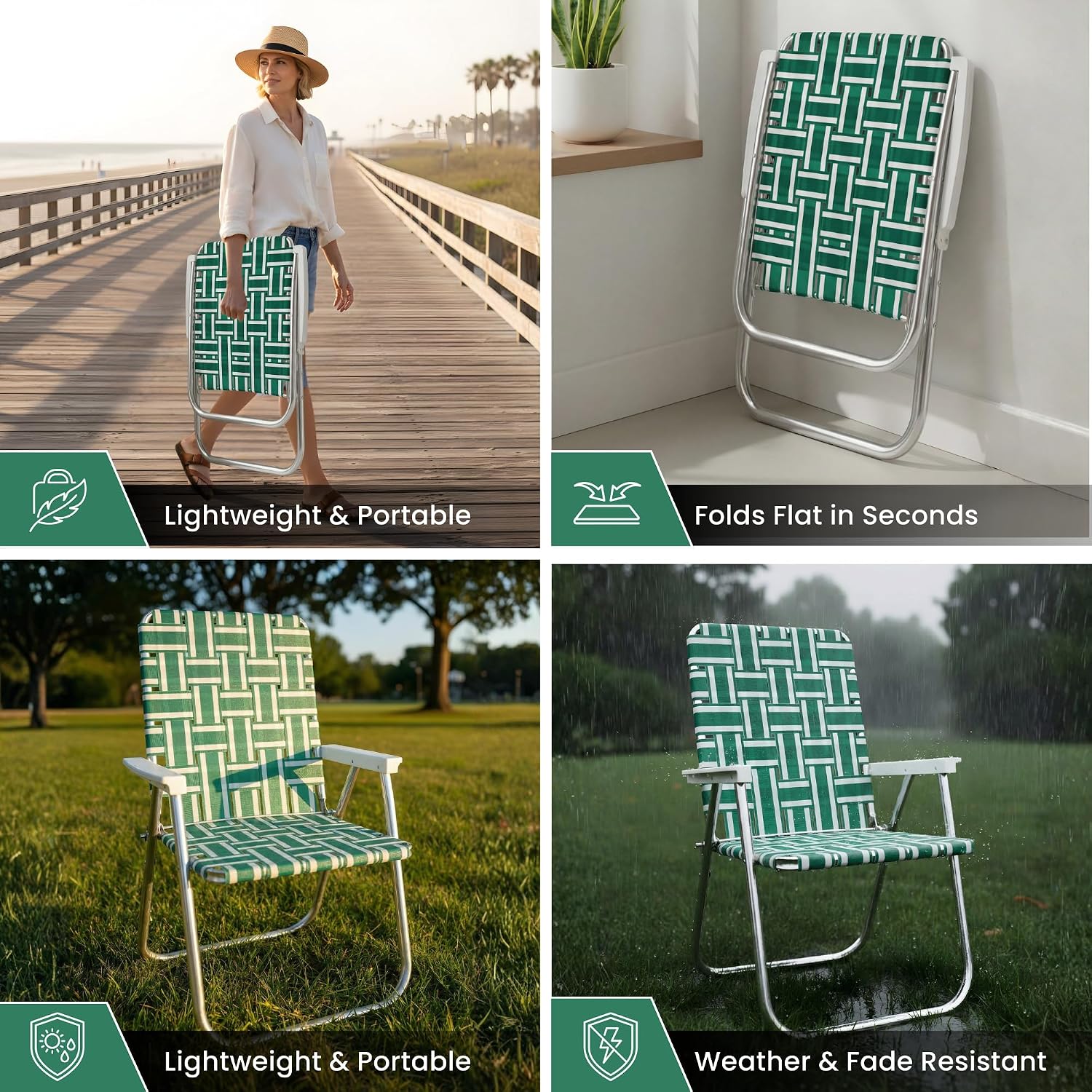 Lawn Chair USA Folding Aluminum Outdoor Patio Lawn Chair | Heavy-Duty Webbed Chairs for Camping, Sports, Beach, Yard & Tailgating | Lightweight Portable | Classic - Green and White with White Arms