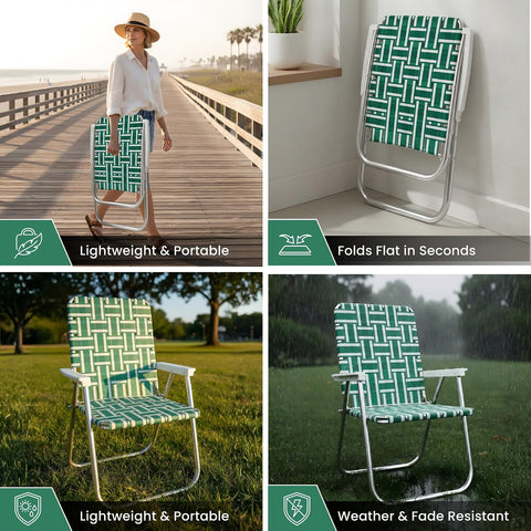 Lawn Chair USA Folding Aluminum Outdoor Patio Lawn Chair | Heavy-Duty Webbed Chairs for Camping, Sports, Beach, Yard & Tailgating | Lightweight Portable | Classic - Green and White with White Arms