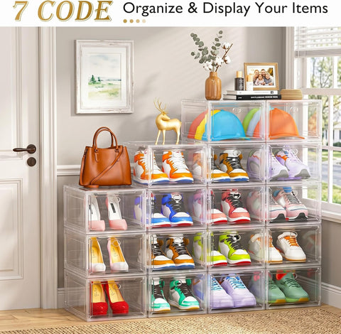Sturdy Clear Shoe Organizer with Magnetic Door, Stackable Shoe Storage Box