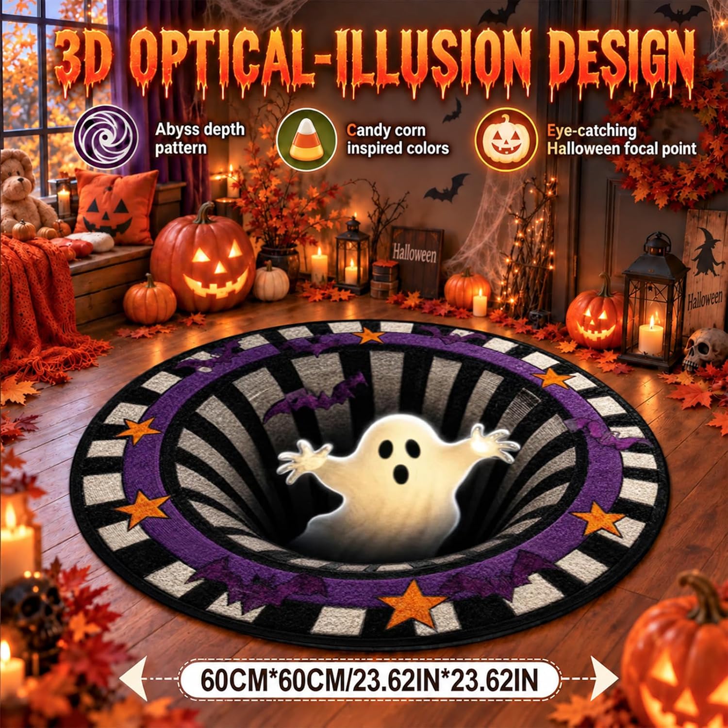 3D Halloween Rugs, Halloween 3D Rugs Optical Illusion, Soft and Durable Crystal Velvet Fabric, Halloween Indoor Decor(D-24 * 24inches)