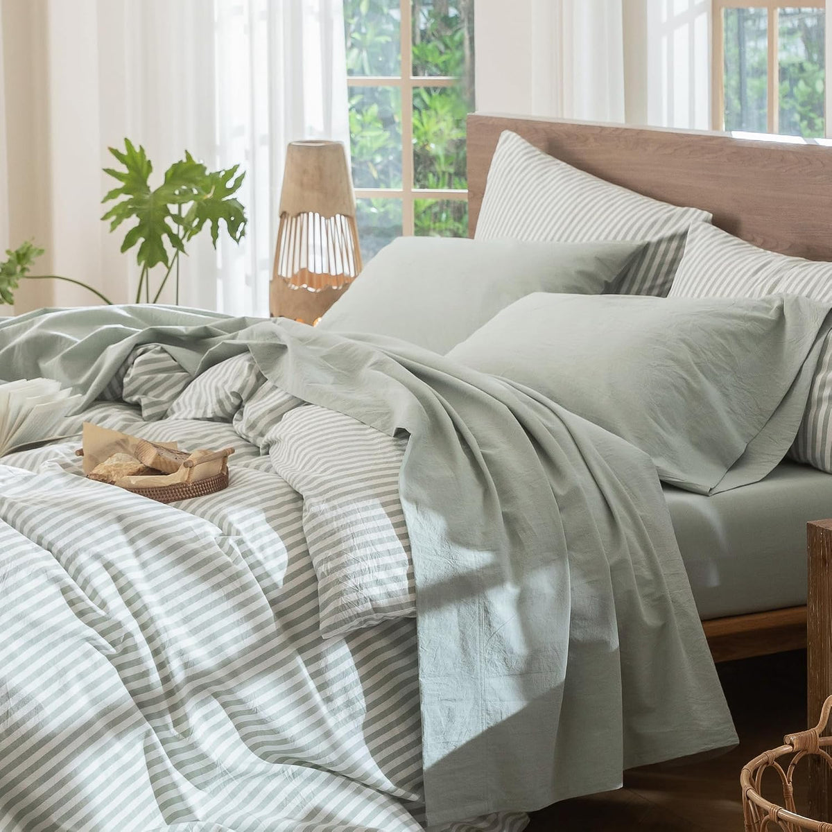 MooMee Sheet Set 100% Washed Cotton Lived-in Extra Deep Pocket Queen