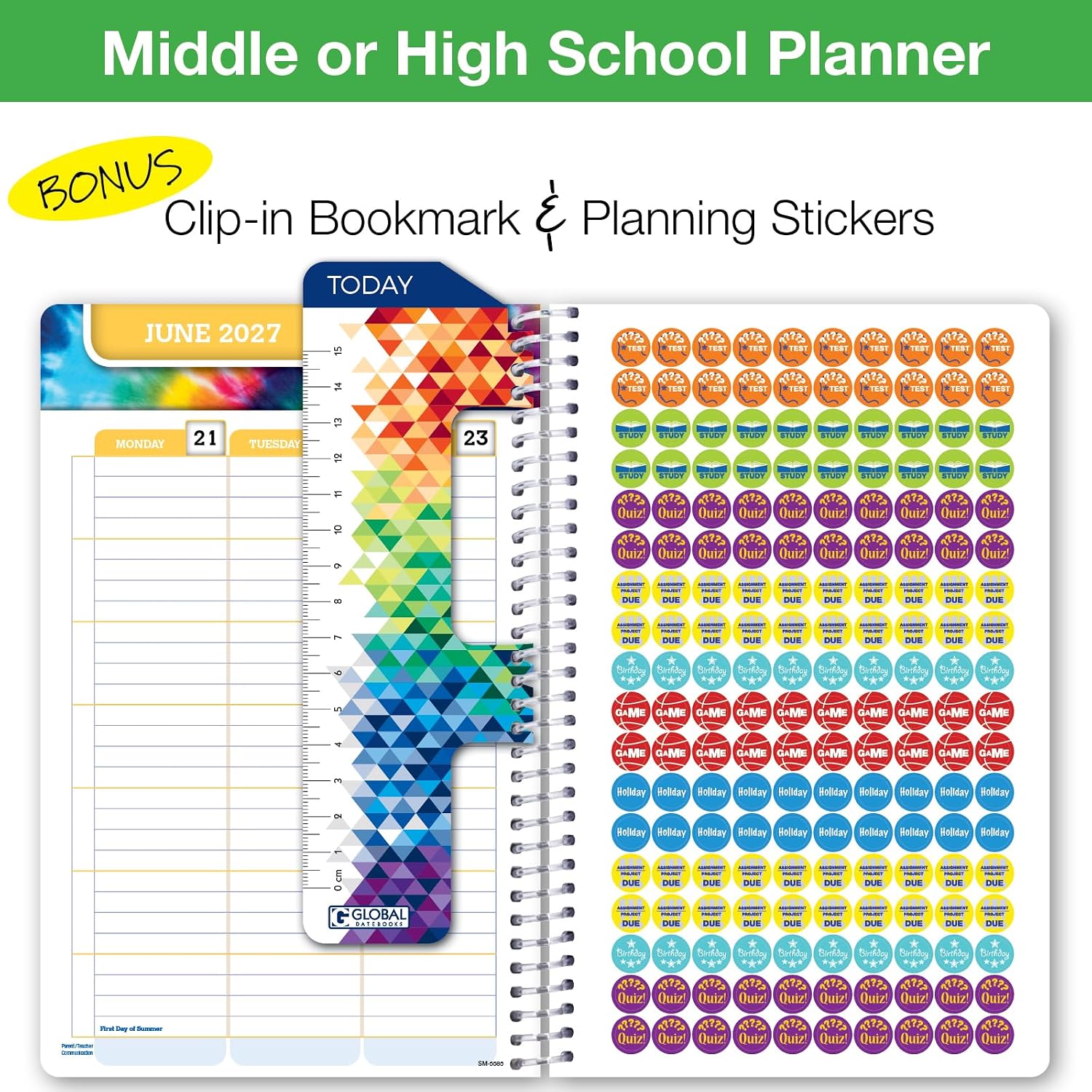 Global Datebooks 2026-2027 Middle & High School Student Planner 5.5" x 8.5" - Dated Weekly & Monthly Academic Planner Large w/Ruler/Bookmark & Stickers, For Homework, Matrix Style, Triple Stripe