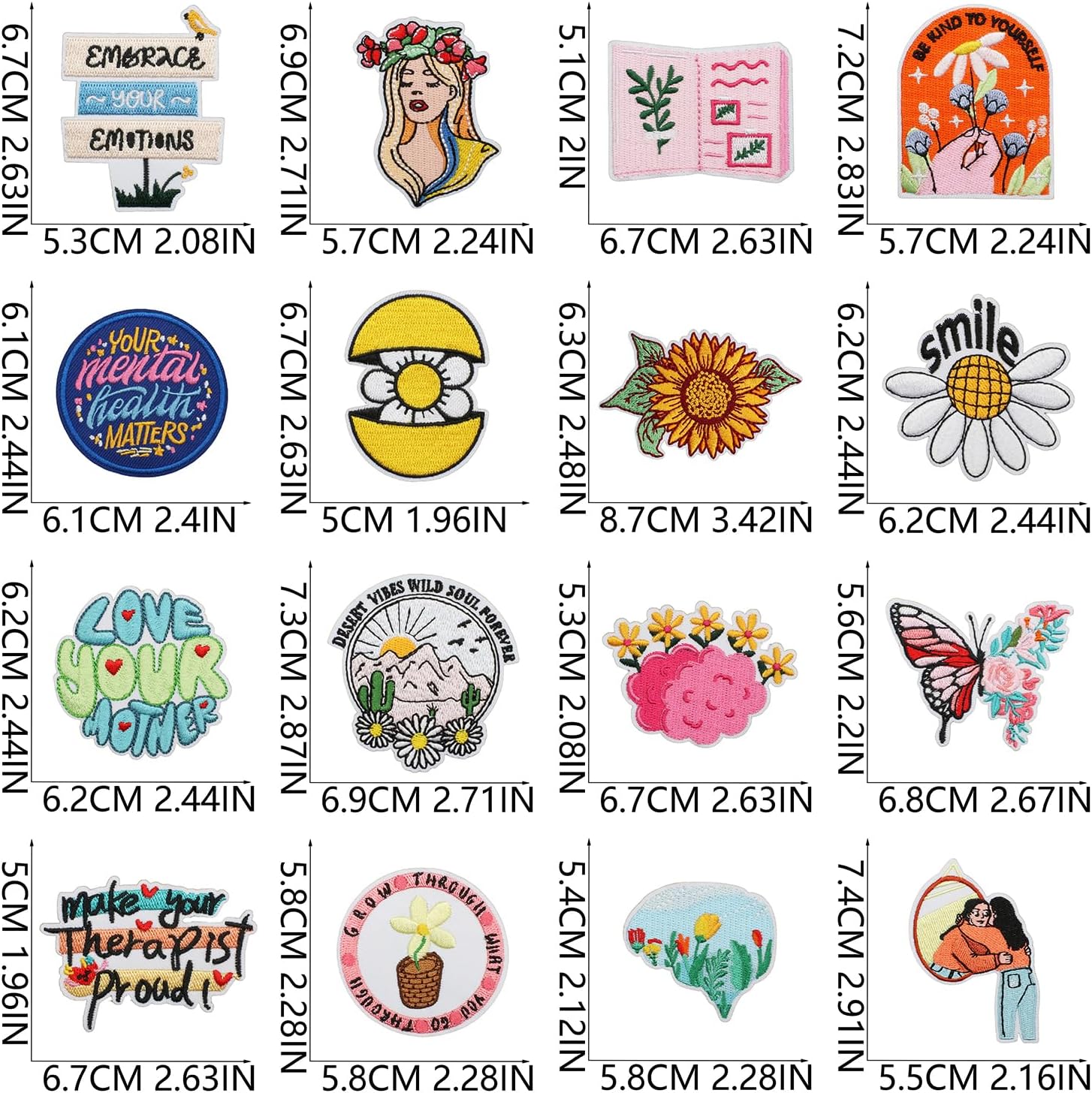 16pcs Positive Flower Iron/Sew on Patches, Affirmation Motivational Embroidered Applique, Mental Health Decoration for Clothes, Hat, Bag, Dress, Shirt, Jeans