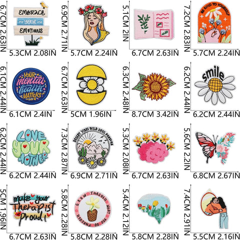 16pcs Positive Flower Iron/Sew on Patches, Affirmation Motivational Embroidered Applique, Mental Health Decoration for Clothes, Hat, Bag, Dress, Shirt, Jeans