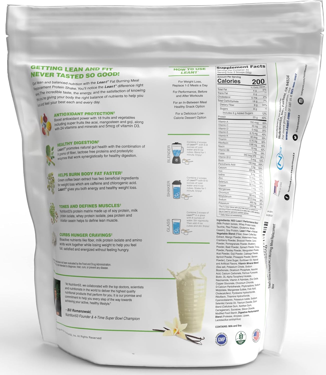 Lean1 Vanilla, Meal Replacement Protein Shake, 44 Servings in a 5lb Bag