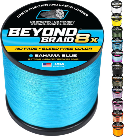 Beyond Braid Braided Fishing Line -Super Strong - Abrasion Resistant - No Stretch -Blue Camo, Moss Camo, White, Green, Pink, Blue, 4 Strand 8 Strand