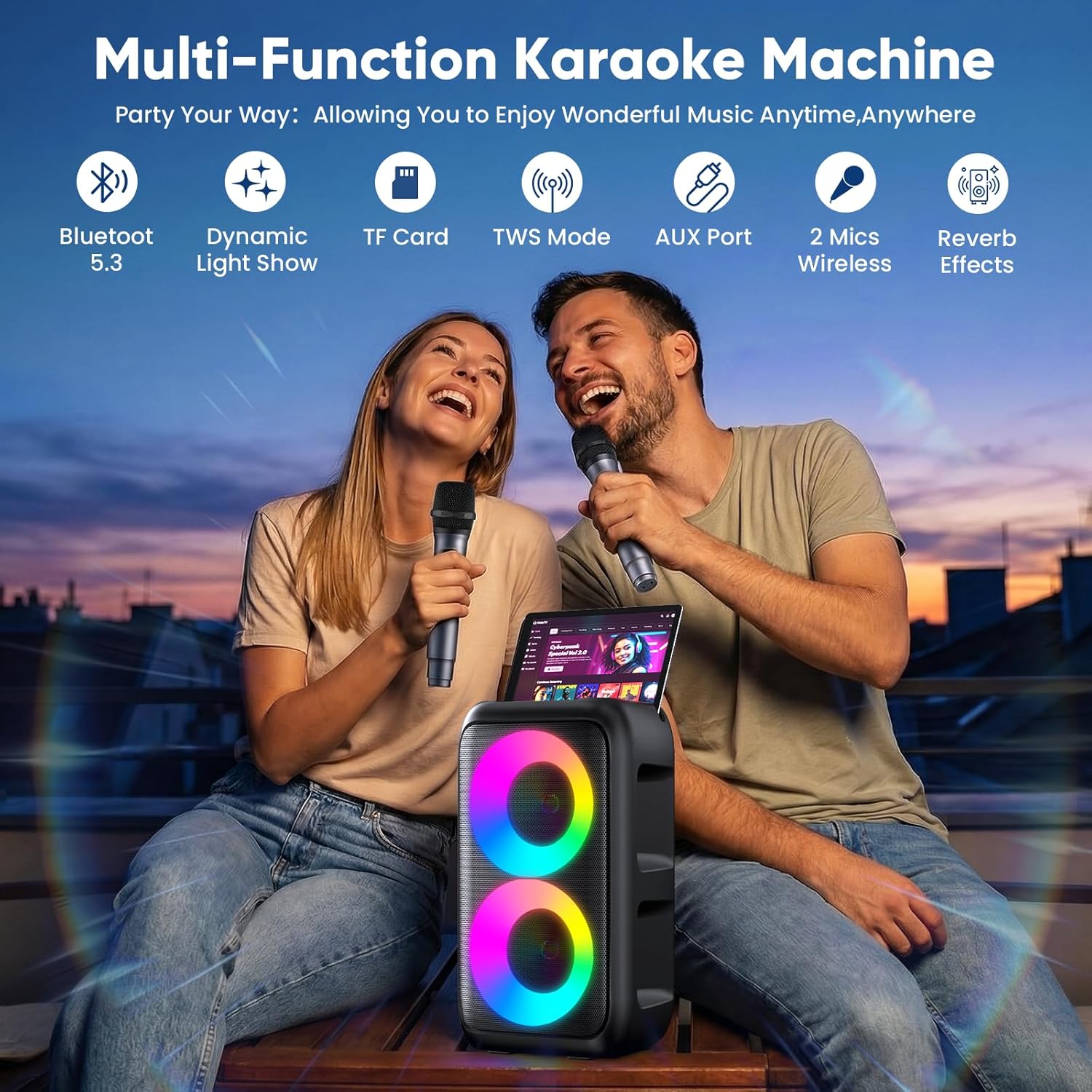 Karaoke Machine, Bluetooth Speaker with 2 Wireless Microphones Adults Kids