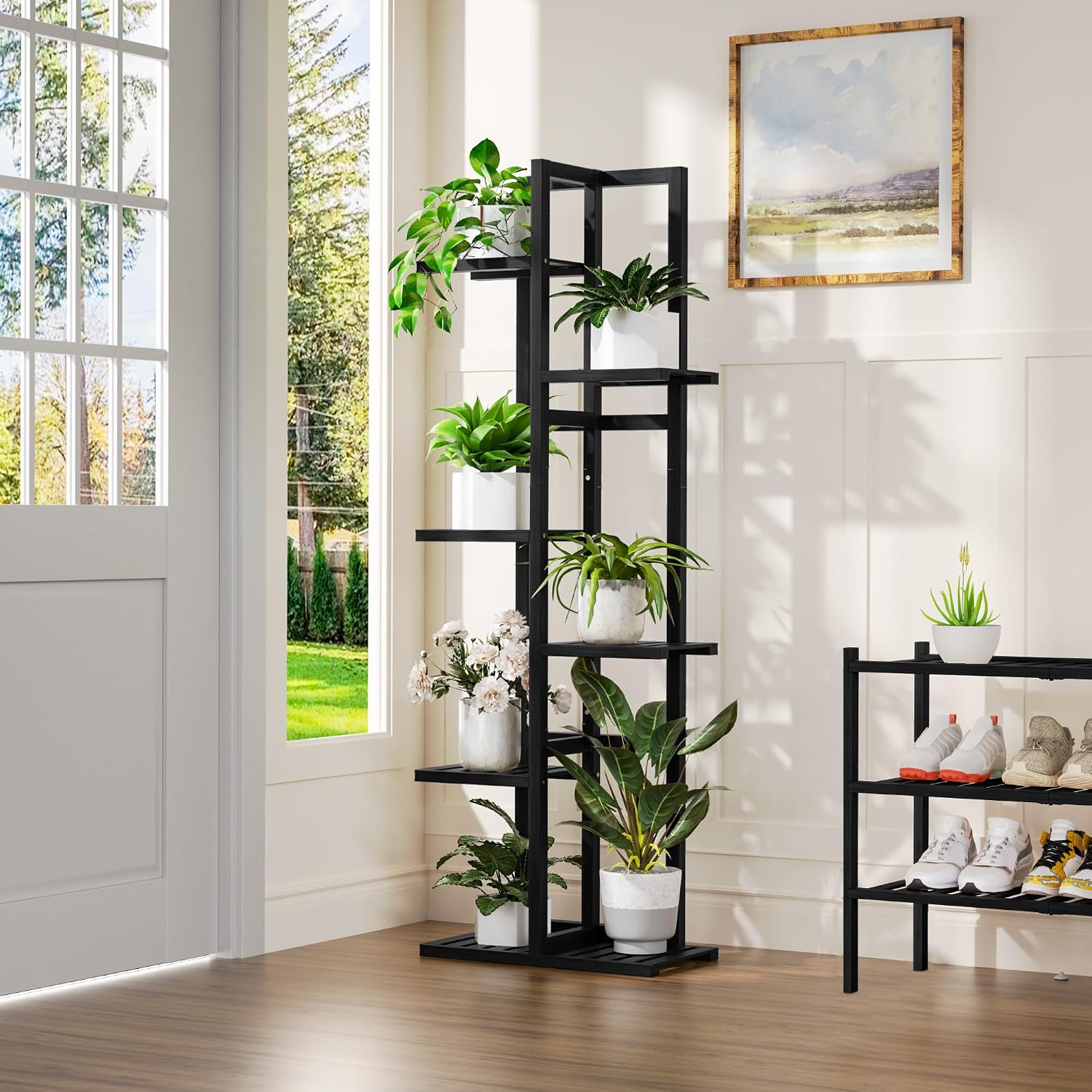 ROMGUAR CRAFT 6 Tier Bamboo Plant Stand Indoor, Tall Flower Holder, Black