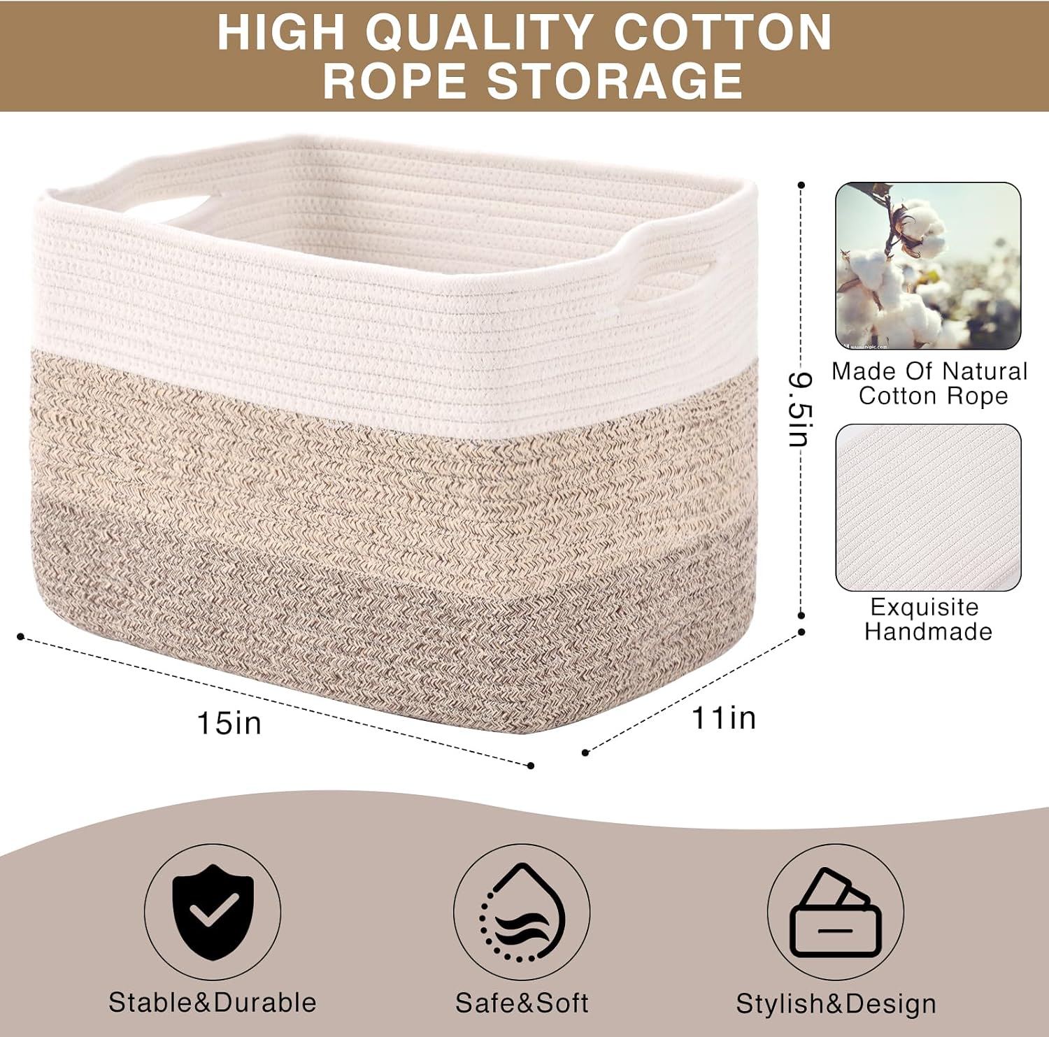 ICERZCZ Storage Baskets for Organizing Shelves, Woven Cotton Rope Bins for Baby Nursery Organization, Book Toy Towel Organizer, 15"x11"x9.5", 3 Packs, Gradient Brown