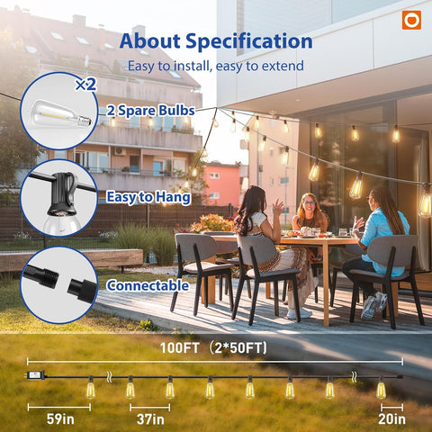 addlon 100FT Outdoor String Lights ST38 LED with Remote Waterproof Dimmable