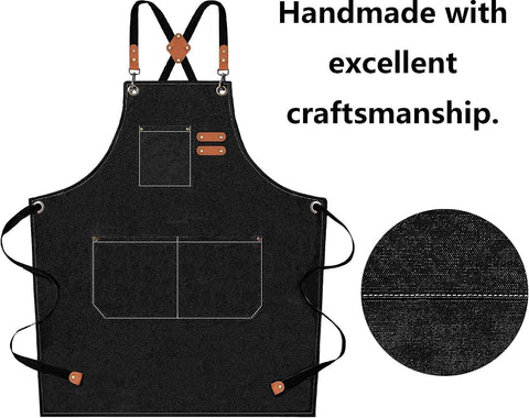 AFUN Chef Aprons for Men Women with Oversized Pockets, 16-Ounce Cotton Canvas Cross Back Heavy Duty Work Apron (Black)