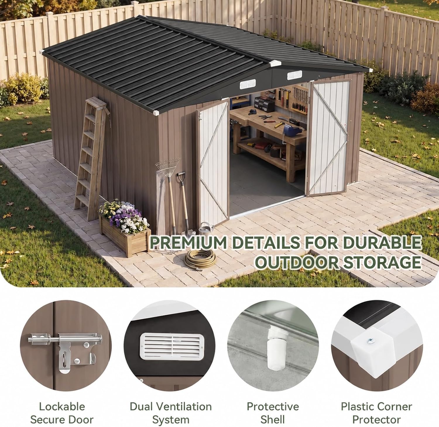 Aoxun10x12 FT Shed Outdoor Storage Shed with Floor Brown
