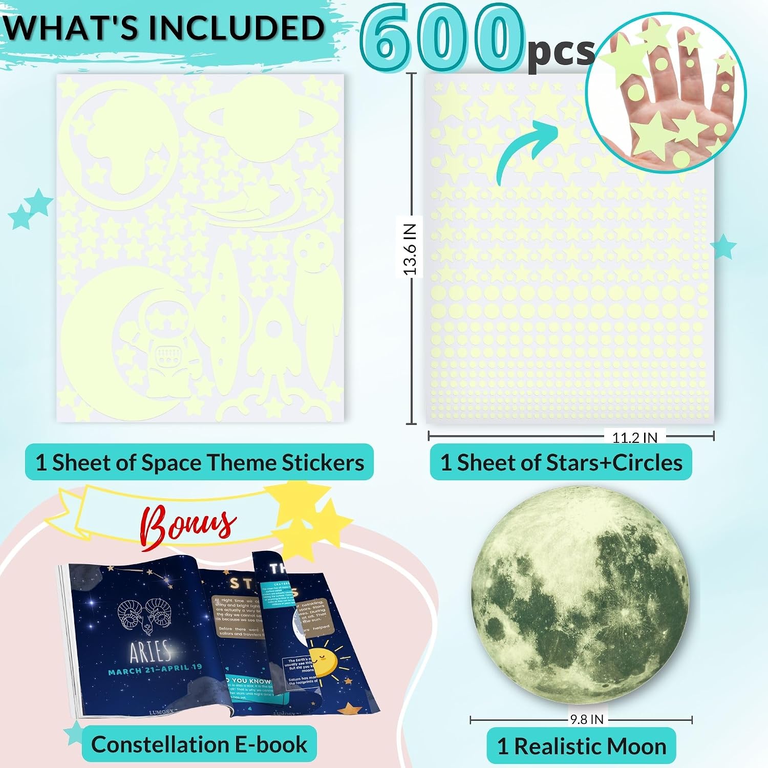 Glow in the Dark Stars for Ceiling, Space Theme, 600 Pcs w/E-Book (Blue)