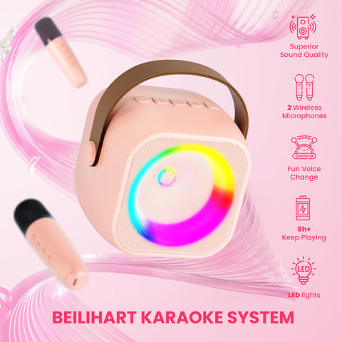 Karaoke Machine for Kids Adults, Mini Portable Bluetooth Karaoke Speaker with 2 Wireless Microphone and Lights, Christmas Birthday Gifts for Girls Ages 4, 5, 6, 7, 8, 9, 10, 12+ Family Home Party