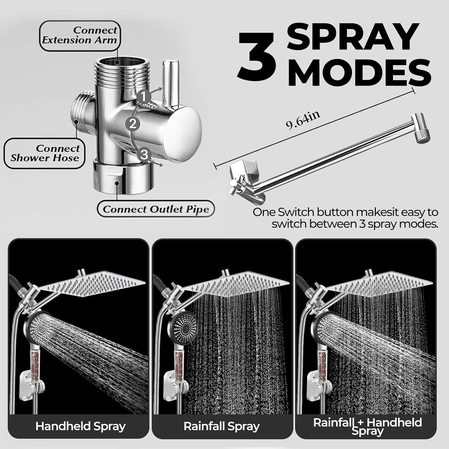 Filtered Shower Head,8 Inch Rain Shower Head with Handheld Spray Combo, Adjustable High Pressure Rainfall Shower Head, Dual Showerhead Set with Extension Arm and 60 Inch Long Shower Hose(Silver)