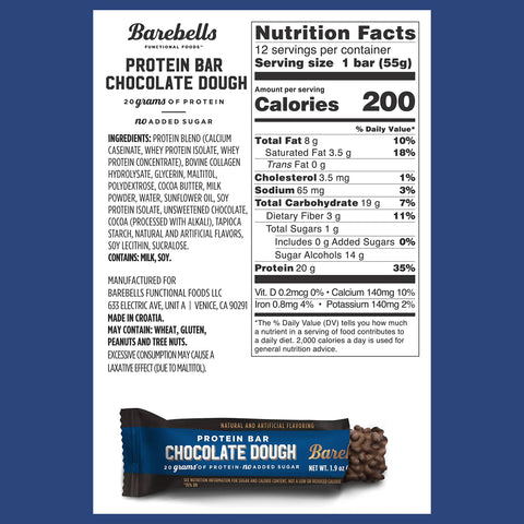 Barebells Protein Bars Chocolate Dough with 1g of Total Sugars - 12 Count, 1.9oz Bars - Snacks with 20g of High Protein - On The Go Protein Snack & Breakfast Bars