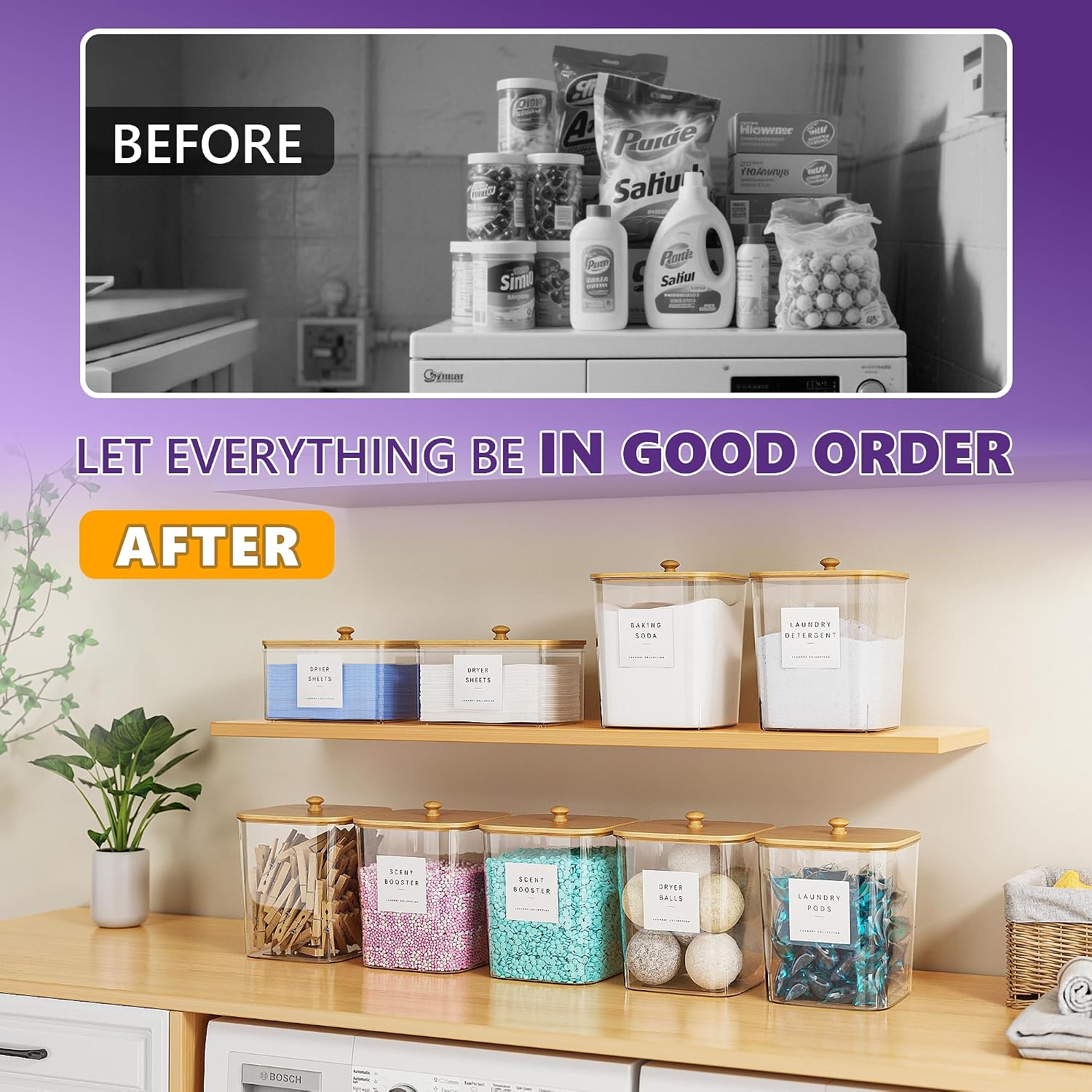 Moforoco 2+1 Pack Bamboo Laundry Pods Container, Clear Laundry Room Organization Containers,Large Laundry Detergent Powder Storage Containers Lids & Labels, for Scent Booster