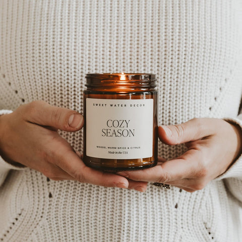 Sweet Water Decor Cozy Season Soy Candles - Fall Candles with Woods, Warm Spice, and Citrus Scent for Home Decor - Soy Candle with 40 Hours Burn Time - 9Oz Black Lid Amber Jar Candles Fall Scents