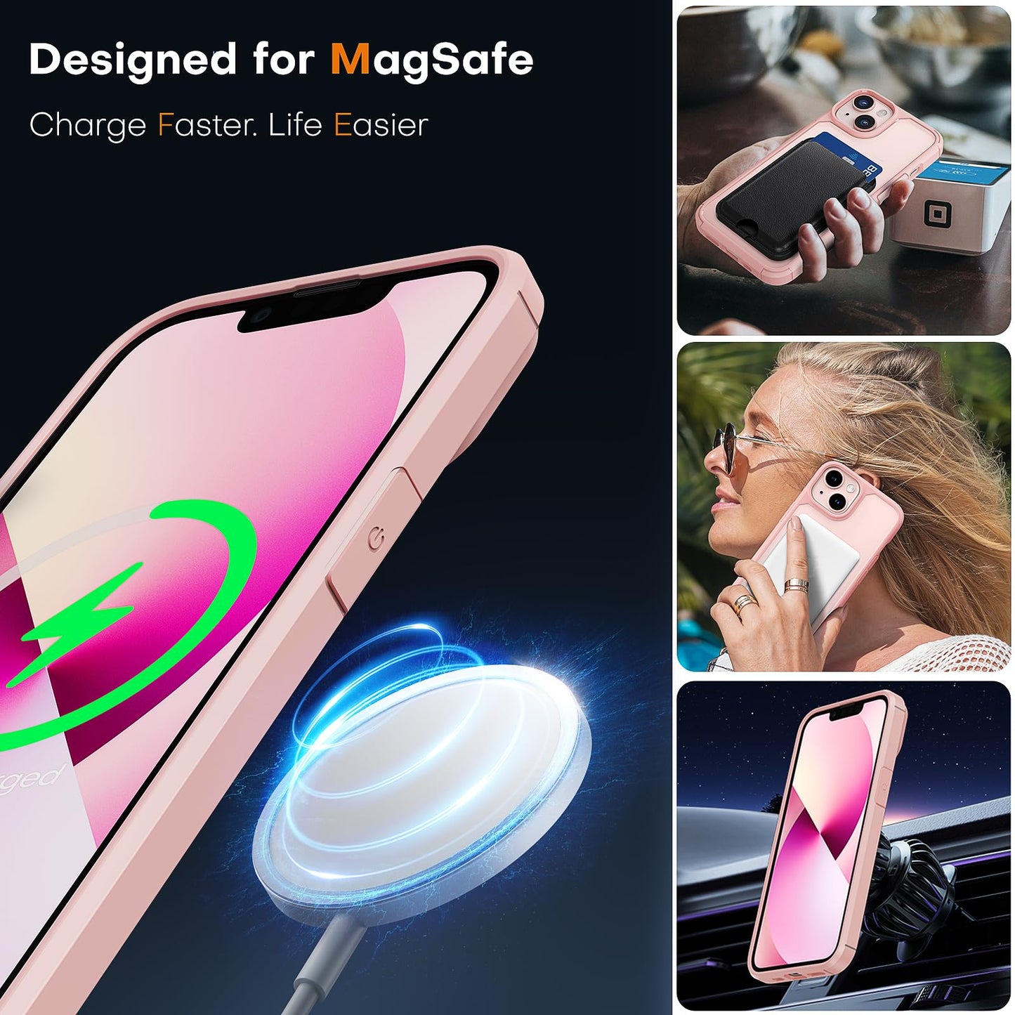 TAURI 5-in-1 Magnetic for iPhone 13 Case for iPhone 14 Case, [Designed with Magsafe] with 2 Screen Protector +2 Camera Lens Protector, Shockproof Case for iPhone 13/14, Pink