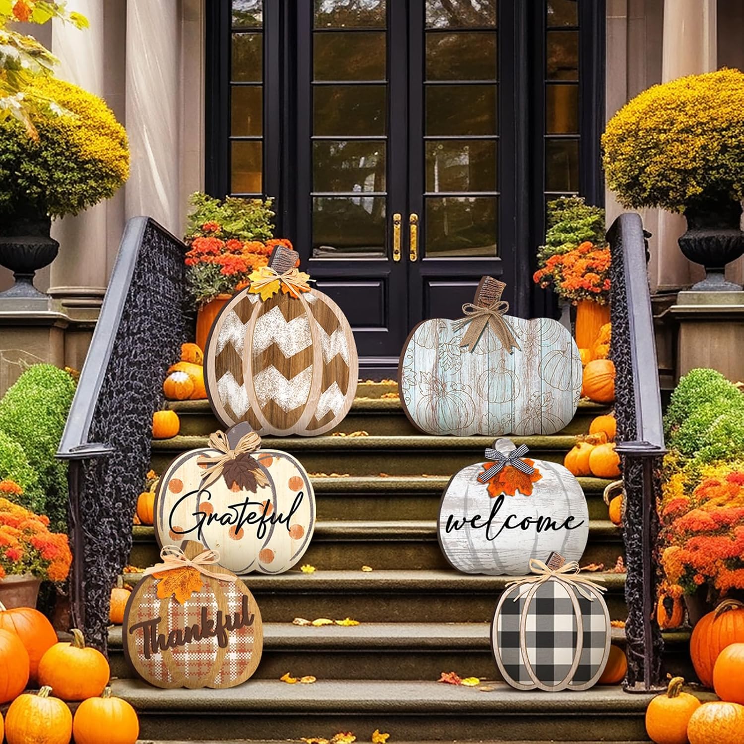 Moucuny Set of 6 Outdoor Fall Decoration for Home Porch, Pumpkin Signs