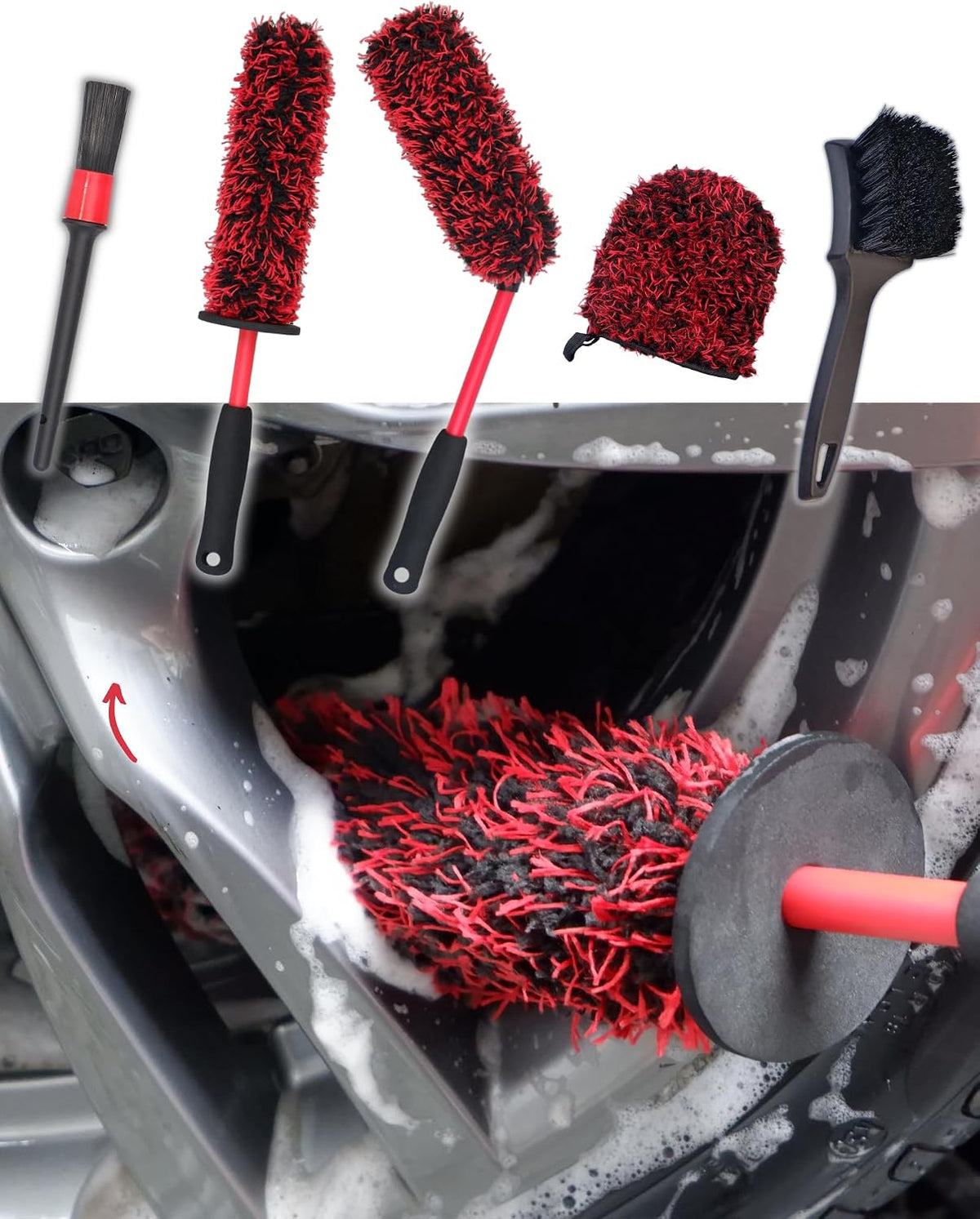 oesee Professional 4 Pack Long Handle Wheel Brush Kit for Cleaning Wheel and Tire- 2X Soft Wheel Cleaning Brush, Detailing Brush and Stiff Tire Brush, Bendable& Durable Wheel Rim Cleaner Brush Set
