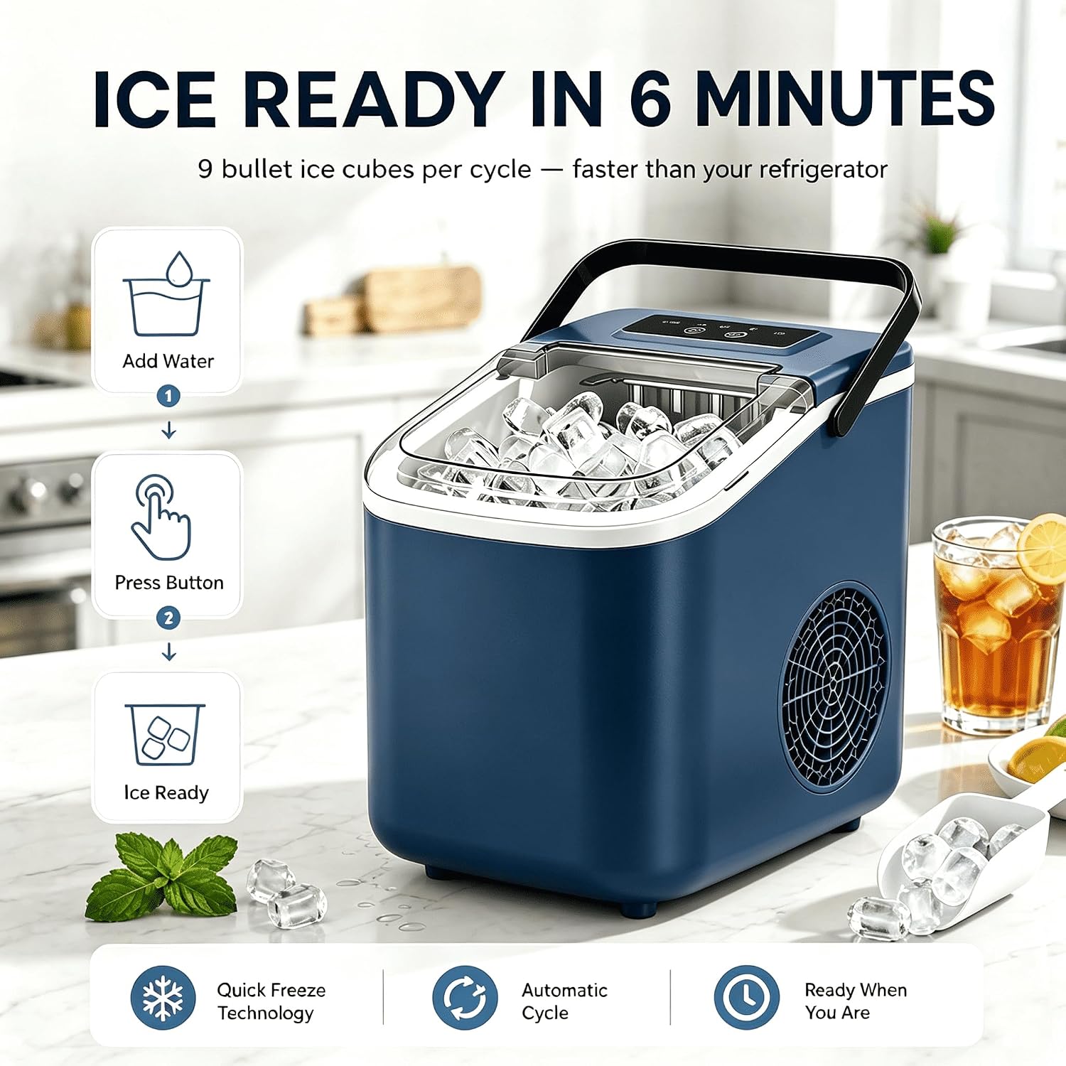 Portable Countertop Ice Maker, 22Lbs/24h, 6 Min Bullet Ice, 2 Ice Sizes, 40dB Quiet & Self‑Cleaning for Home RV Camping