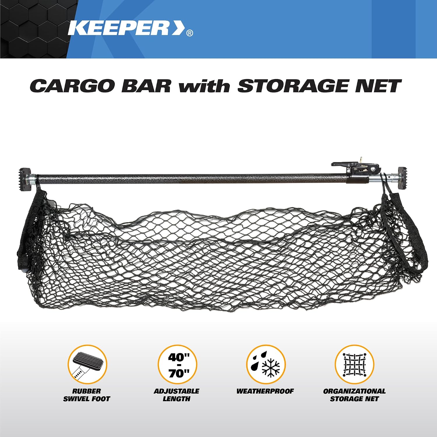KEEPER Ratcheting Cargo Bar - Rubber, Black/Silver, Adjustable from 40"-70" - Comes with 60” x 24” Storage Net (5060), For Truck